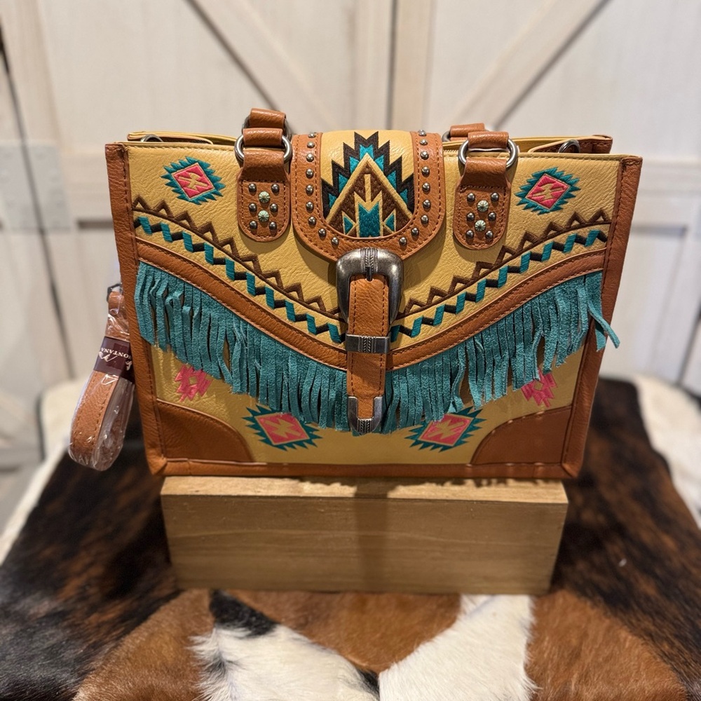 Montana West Tan and Teal Fringe Tote